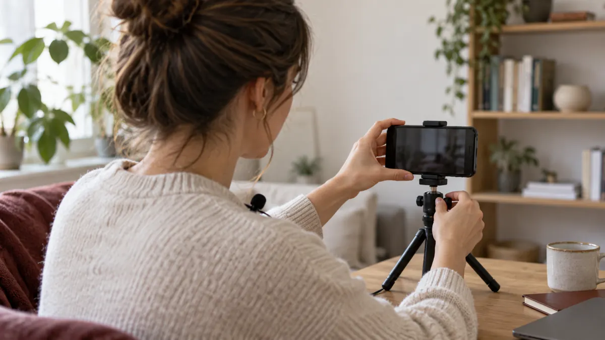 Een onbekende maker stelt een telefoon op een klein statief in om een video op te nemen.