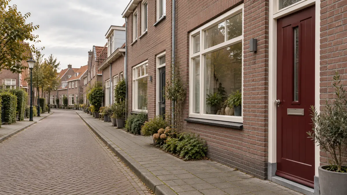 Een rustige algemene Nederlandse woonstraat met bakstenen huizen en een bordeauxkleurige voordeur.
