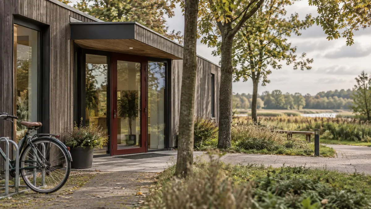 De ingang van een houten gebouw aan de rand van een natuurgebied, met een fiets en bomen.