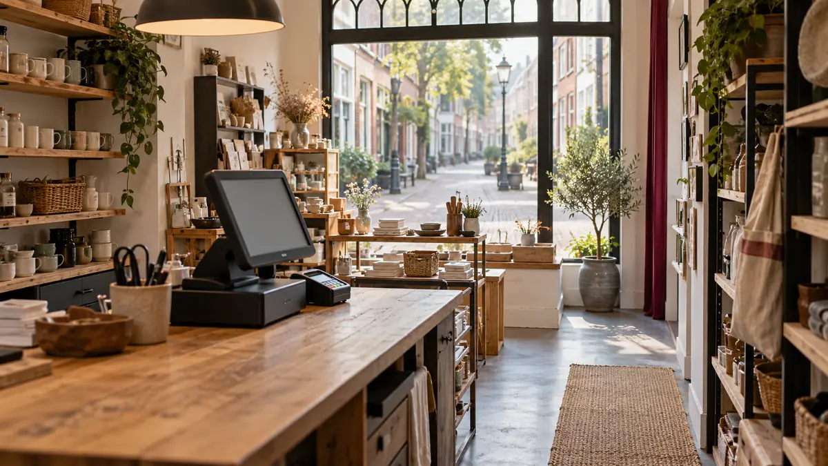 Een houten winkeltoonbank met een kassa en uitzicht op een rustige Nederlandse winkelstraat.