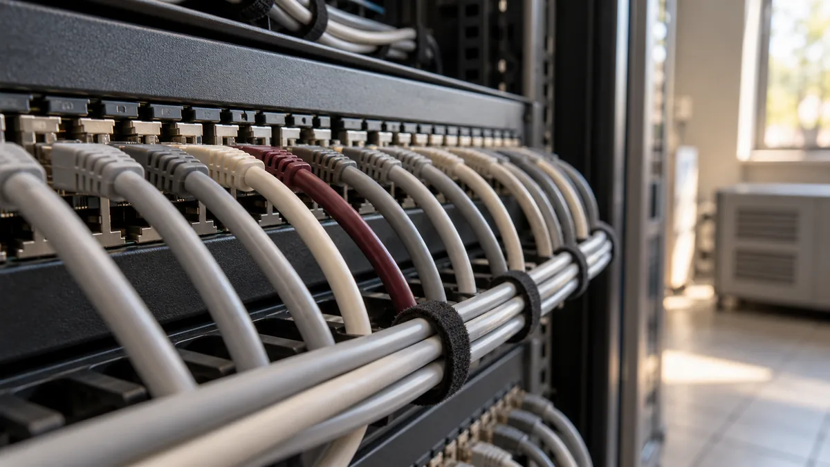 Aangesloten grijze netwerkkabels met één bordeauxrode kabel in een serverkast.