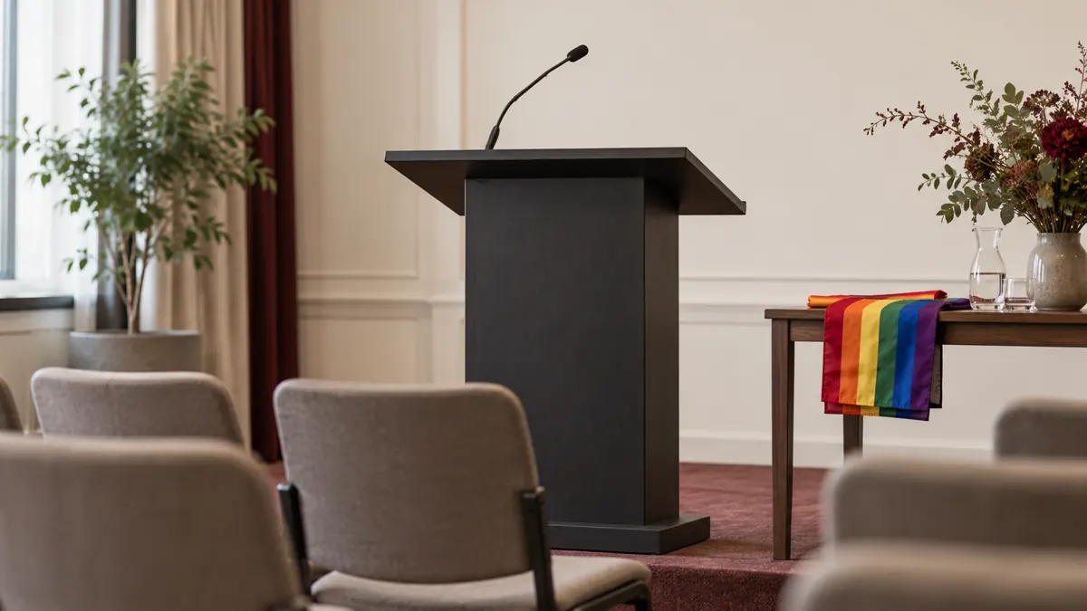 Een lege spreekplek in een algemene vergaderzaal, met een gevouwen regenboogdoek op een tafel.