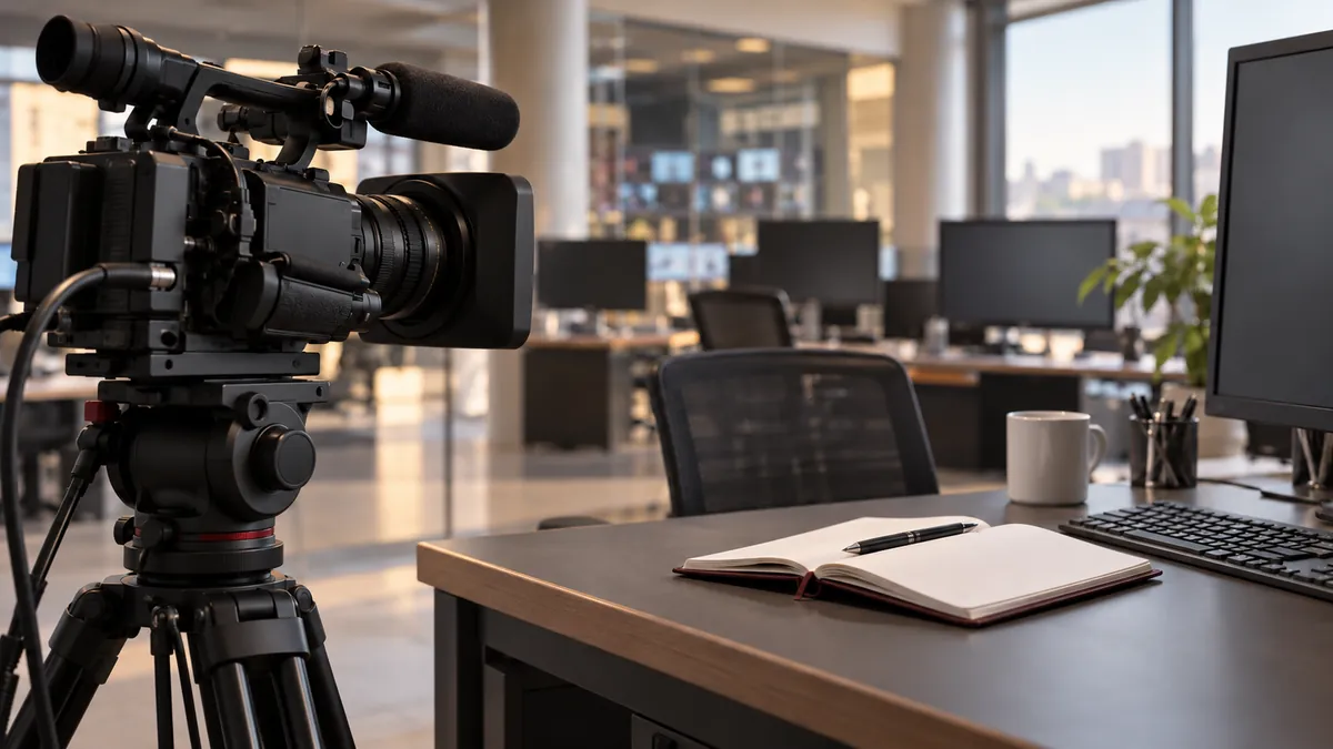 Een televisiecamera en een werkplek in een rustige nieuwsredactie.