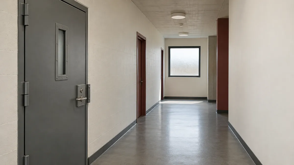 Een lege gang met een gesloten stalen deur in een detentiegebouw.