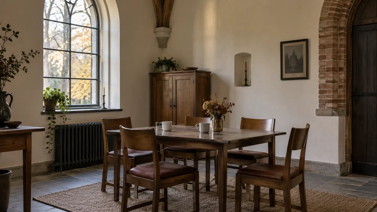 Eenvoudige lege ontmoetingsruimte met houten stoelen en een tafel bij een hoog raam.