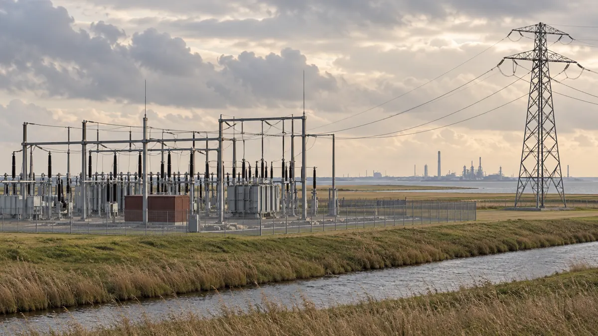 Een algemeen hoogspanningsstation en een elektriciteitsmast in een vlak kustlandschap.