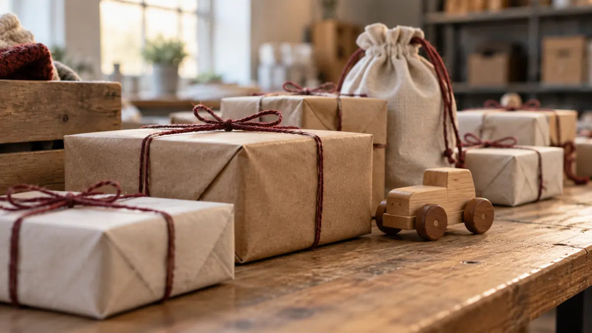 Eenvoudig ingepakte cadeaus en een houten speelgoedauto op een inpaktafel.