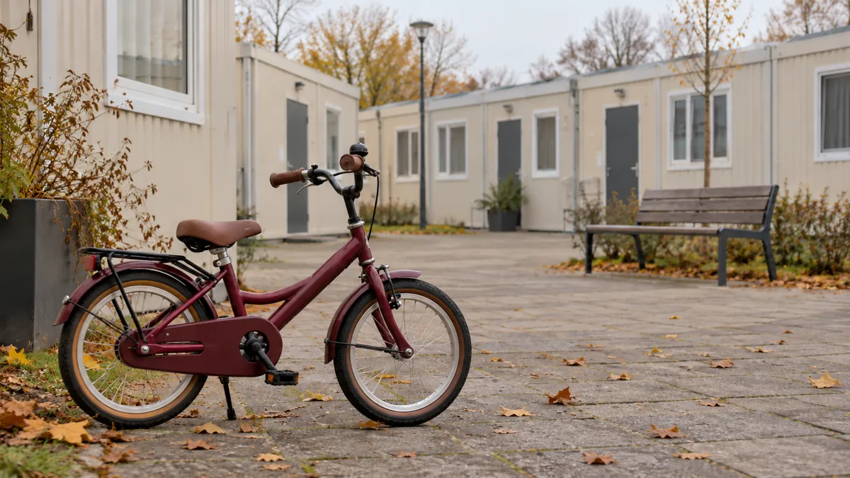 Een kleine kinderfiets op een binnenplaats bij tijdelijke woongebouwen.