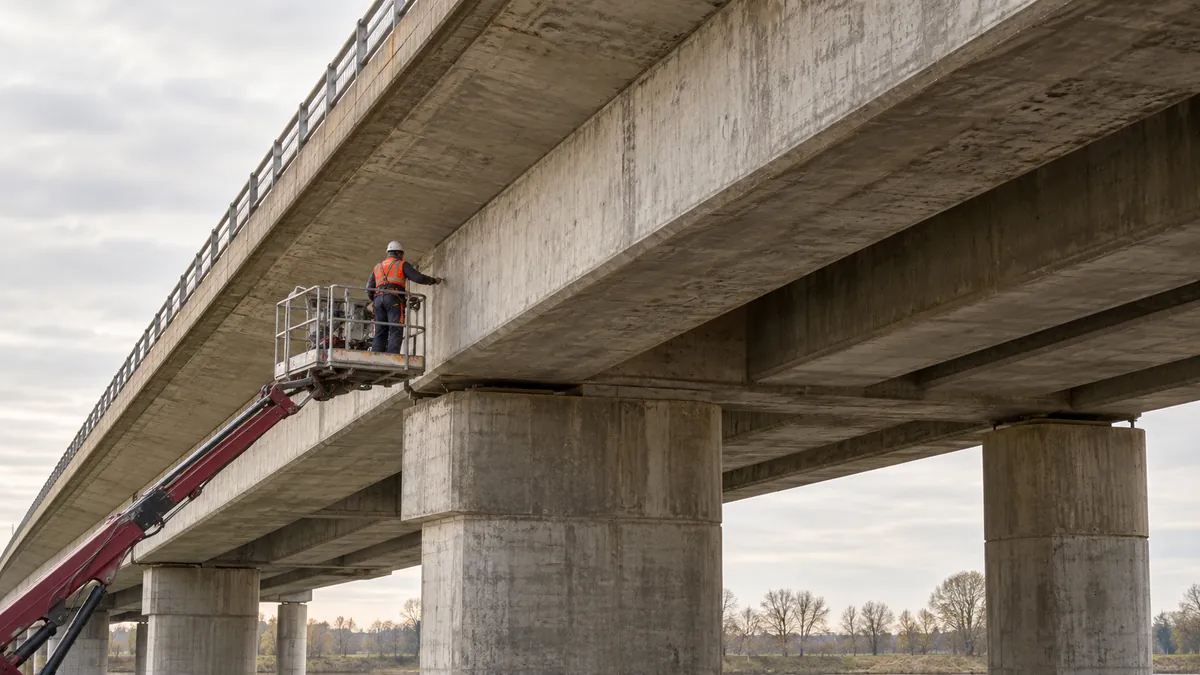 Inspecteur in een hoogwerker onder een betonnen viaduct.