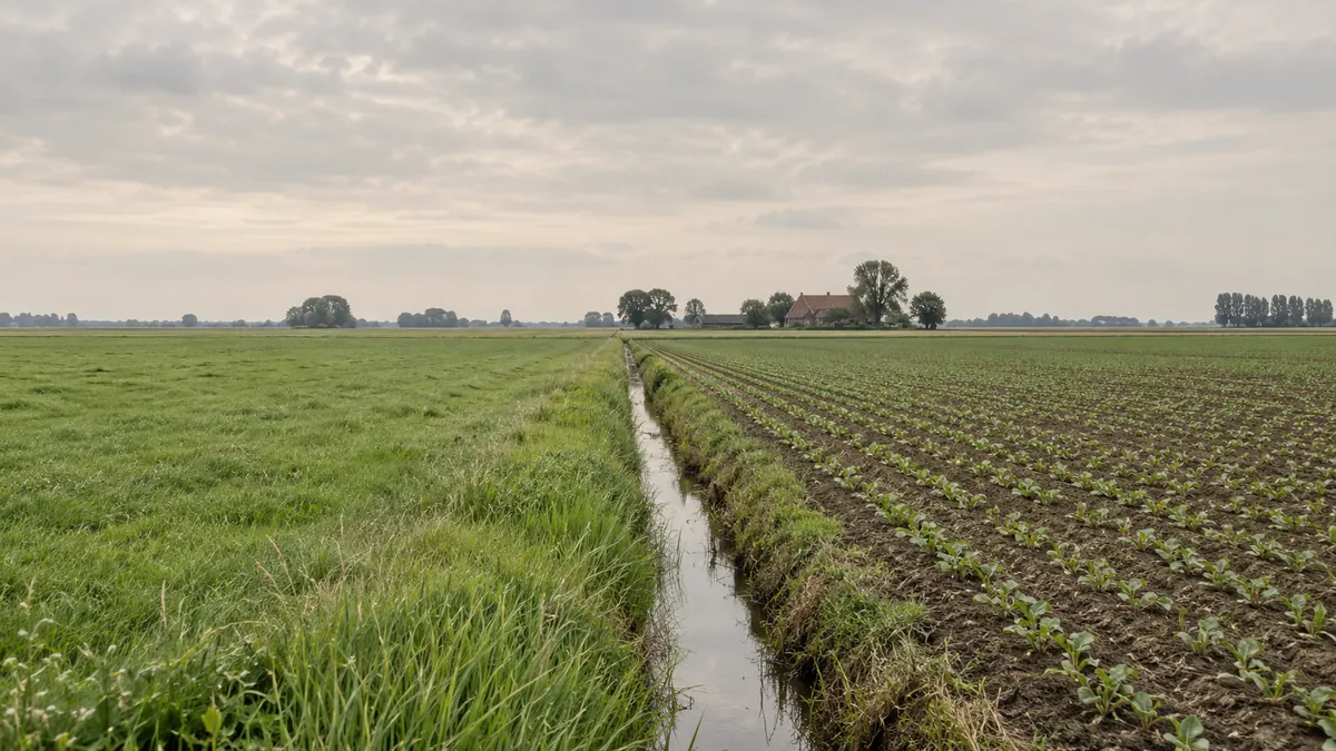 Aangrenzende akkers en grasland in een vlak Nederlands landbouwlandschap.