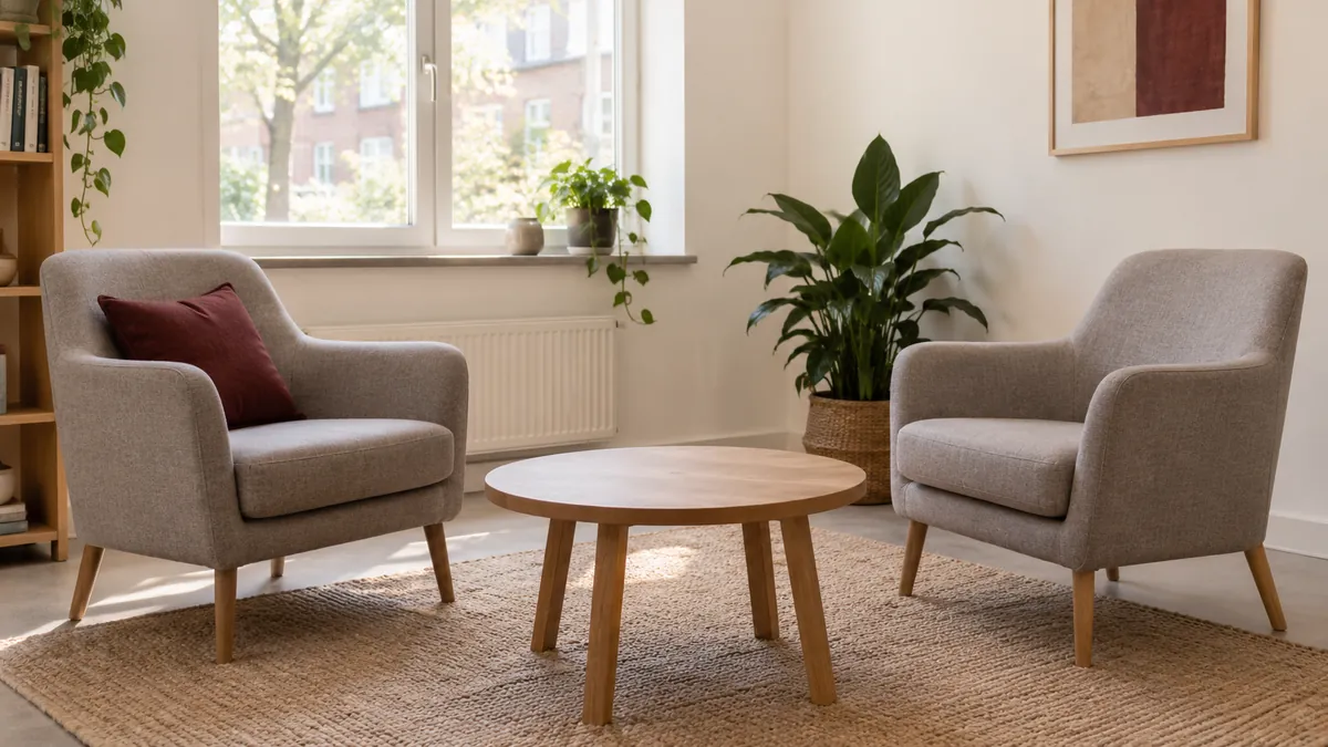 Twee stoelen en een lege houten tafel in een rustige gespreksruimte.