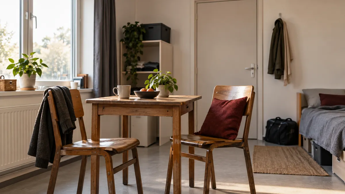 Twee houten stoelen bij een tafel in een eenvoudige gezamenlijke woonruimte.