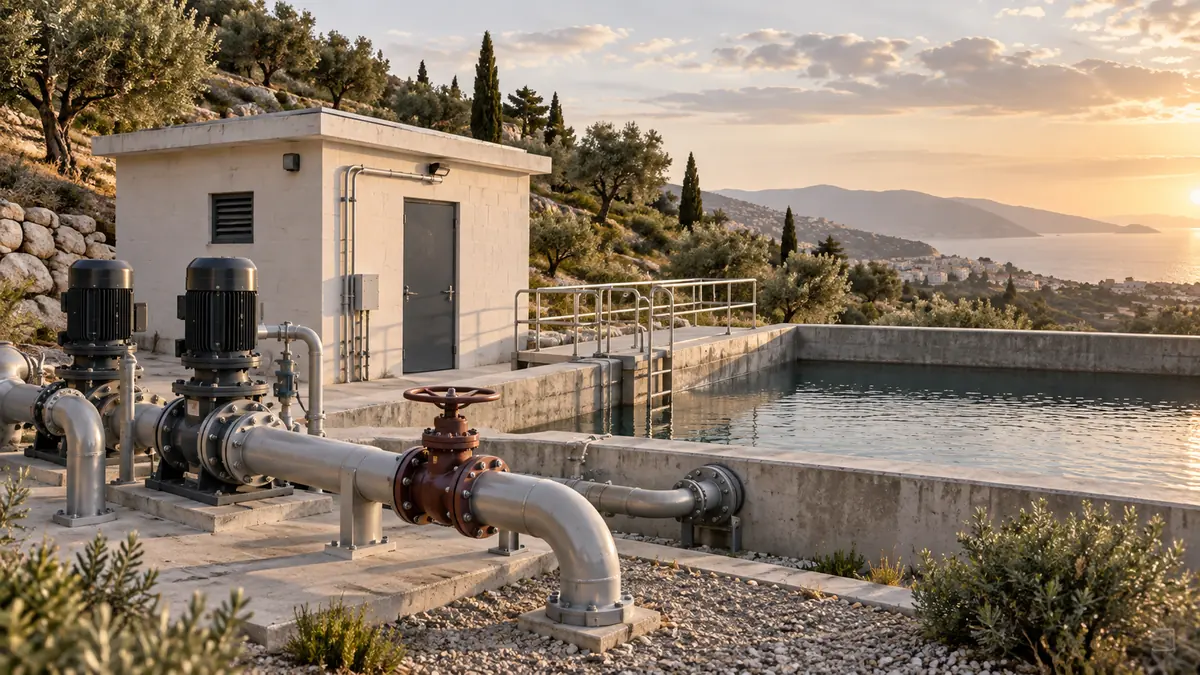 Een algemene waterpompinstallatie en reservoir in een mediterraan landschap.