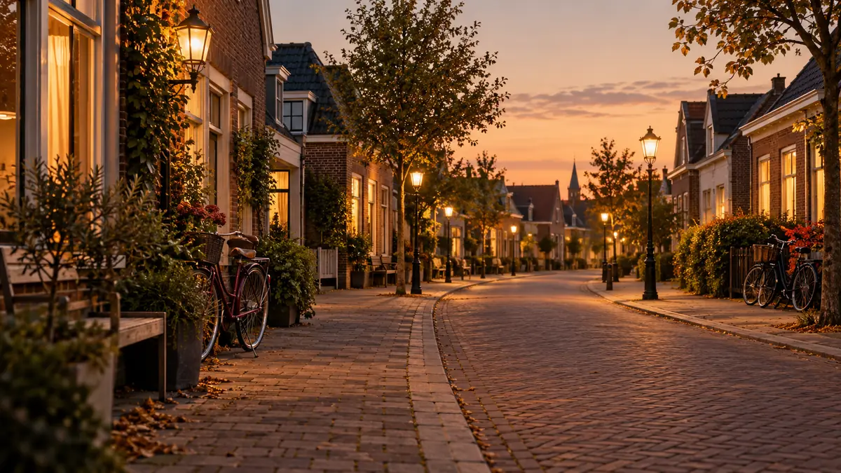Een lege dorpsstraat met een stoep, straatverlichting en fietsen in de vroege avond.