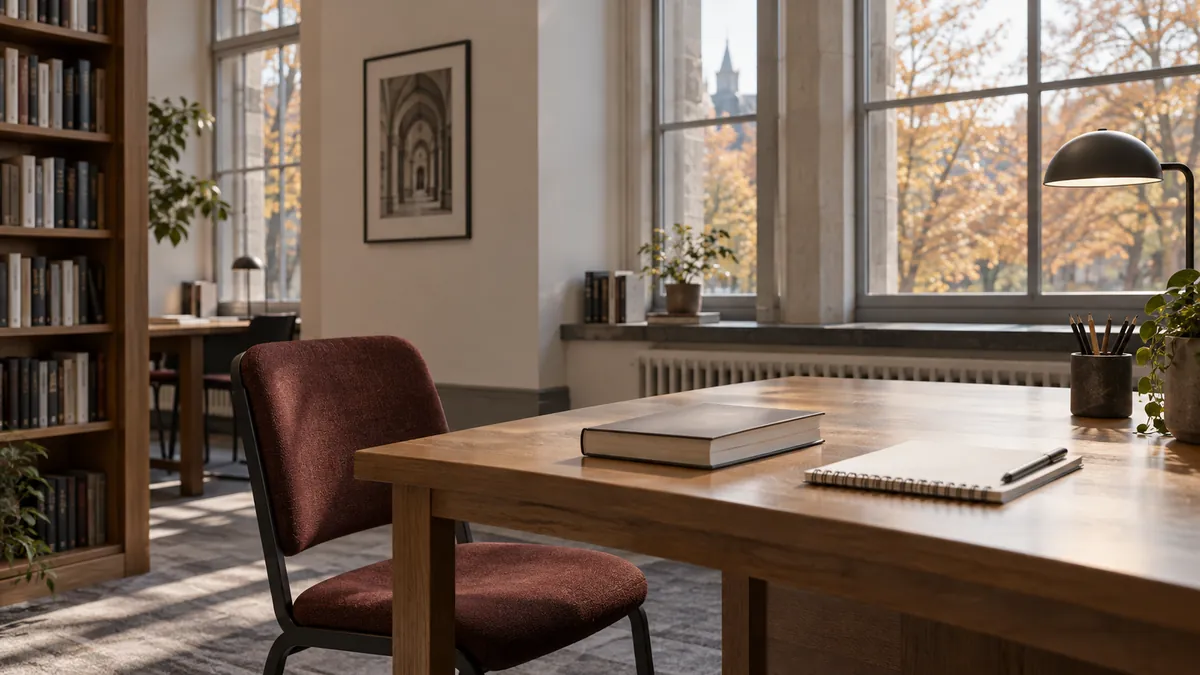 Een lege stoel en boeken in een rustige studieruimte.