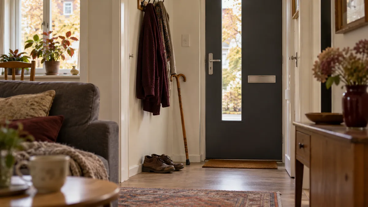 Een vest, wandelstok en schoenen bij de voordeur van een woning.