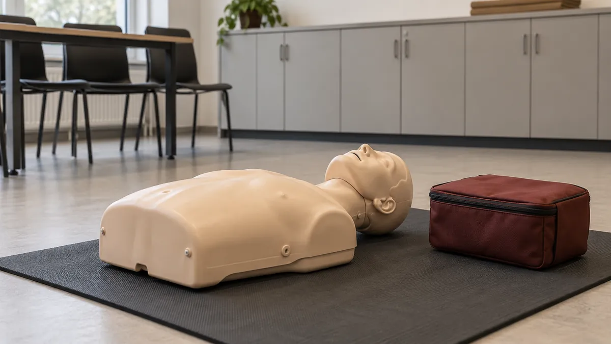 Een oefenpop en een gesloten tas in een lege EHBO-trainingsruimte.