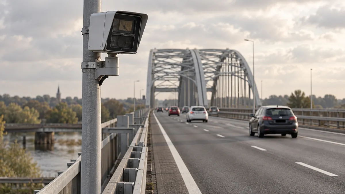 Een algemene verkeerscamera naast een weg met een stalen brug op de achtergrond.