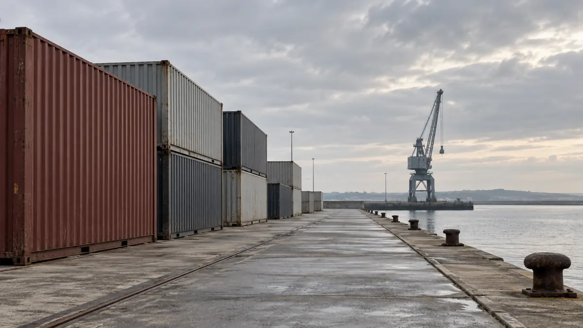 Gesloten containers op een rustige algemene havenkade.