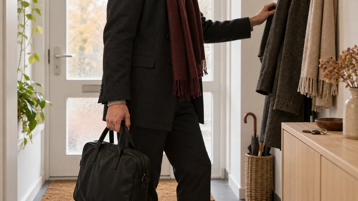 Een volwassene met een werktas bij de voordeur van een woning.