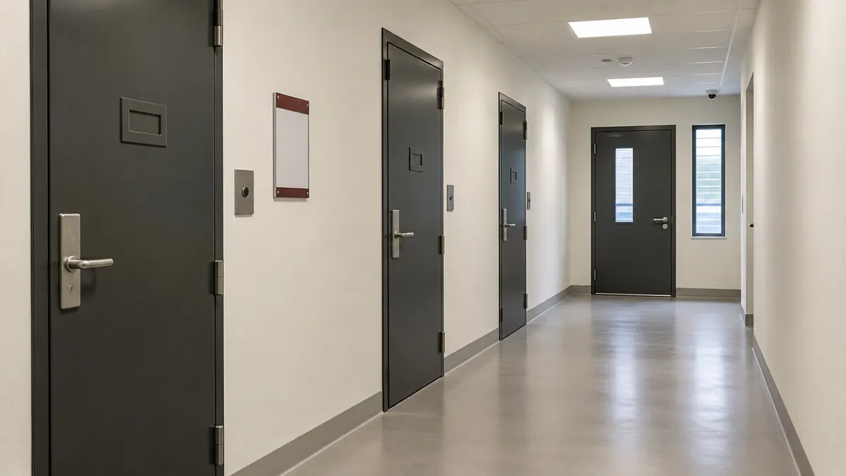 Lege gang met gesloten deuren van tijdelijke arrestantenverblijven.