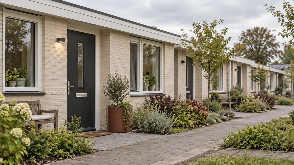 Een rustige straat met bescheiden woningen en kleine voortuinen.