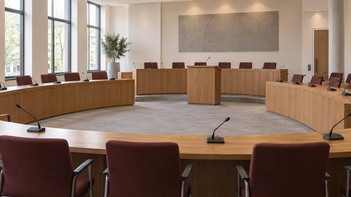 Een lege gemeentelijke vergaderzaal met houten tafels, microfoons en bordeauxrode stoelen.