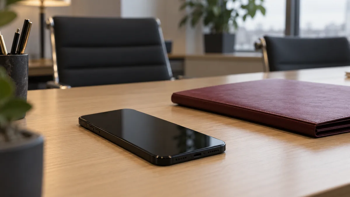 Een telefoon met uitgeschakeld scherm naast een gesloten map op een bureau.