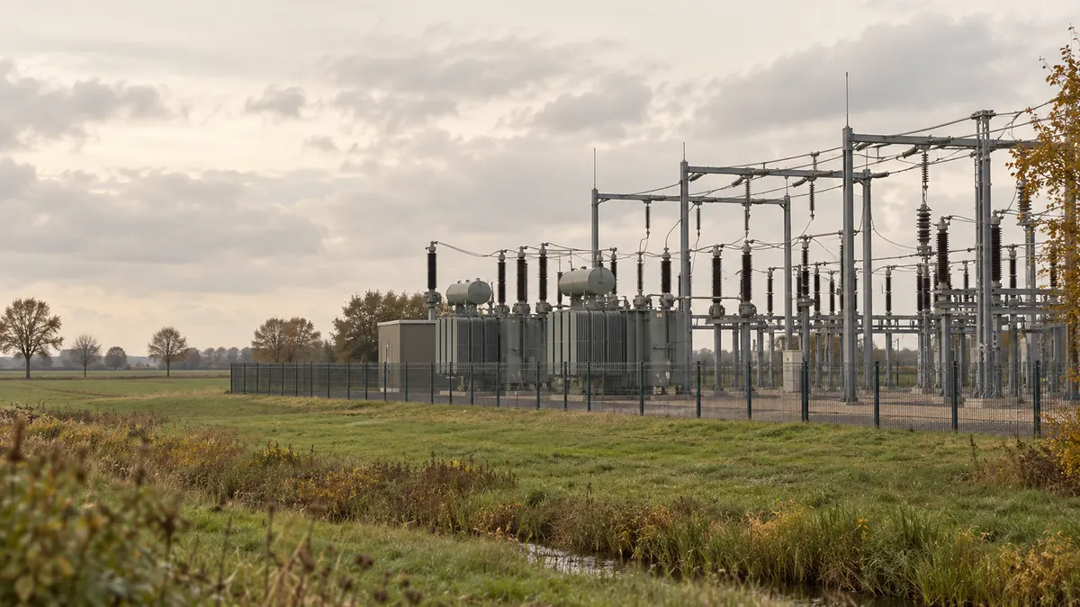 Een algemeen elektriciteitsstation met transformatoren naast open grasland.