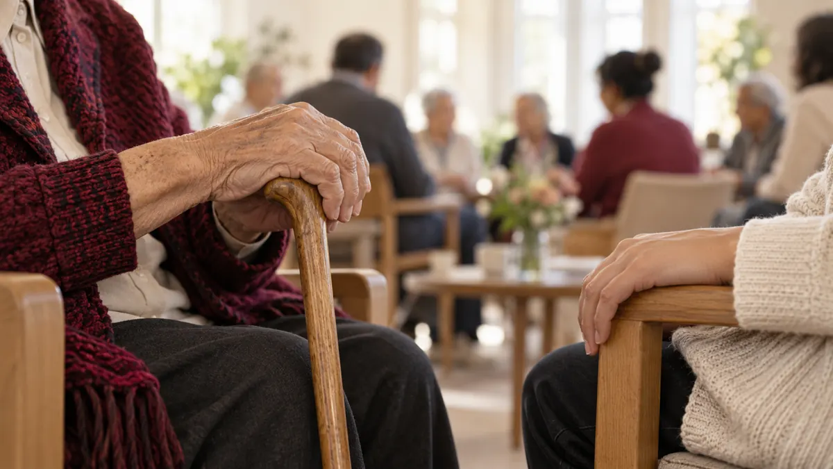 Handen van een oudere en een jongere deelnemer tijdens een algemene ontmoeting tussen generaties.