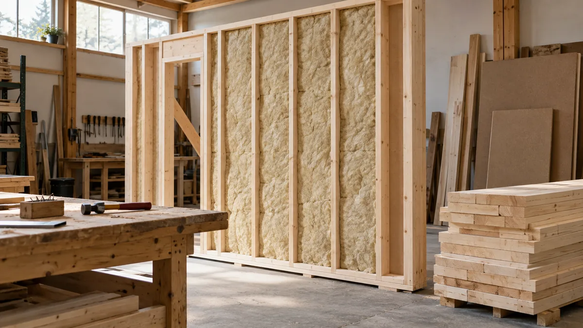 Een houten wanddeel met isolatie in een algemene werkplaats.