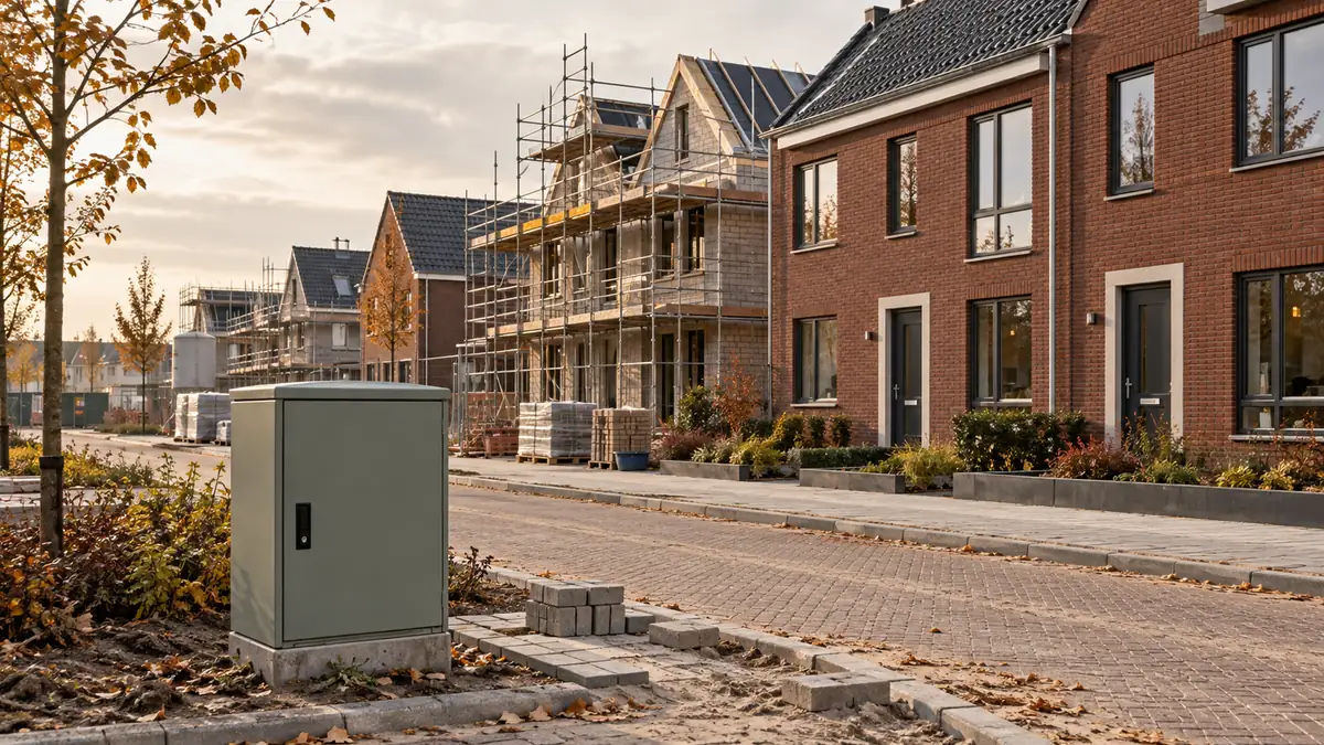 Algemene nieuwbouwwoningen en een gesloten elektriciteitskast langs een straat.
