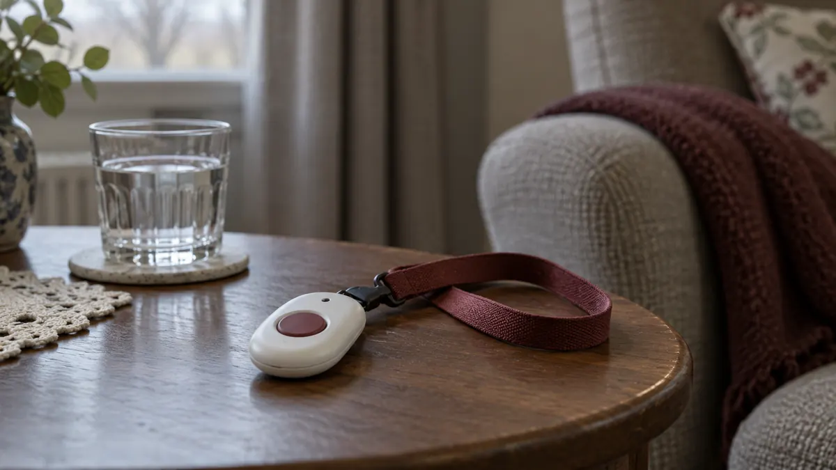 Een algemene draagbare alarmknop op een houten bijzettafel bij een stoel.