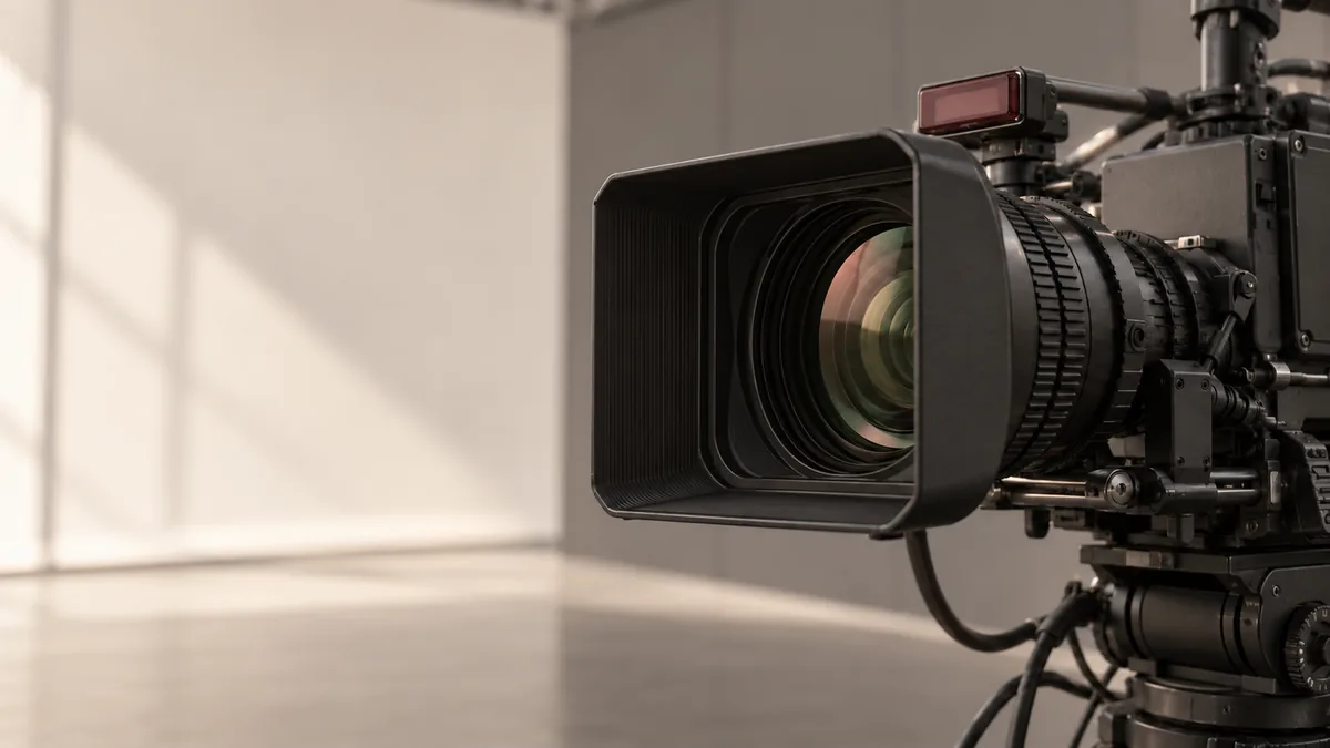 Een professionele televisiecamera voor een rustige, lege studioachtergrond.