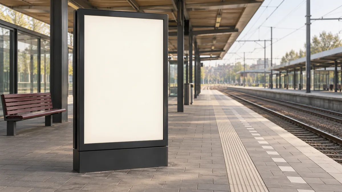 Algemene reclamedrager met een leeg vlak op een treinperron.