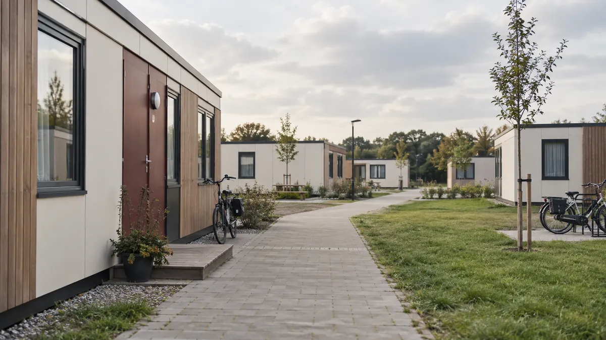 Algemene tijdelijke opvanglocatie met modulaire woongebouwen en een rustig looppad.