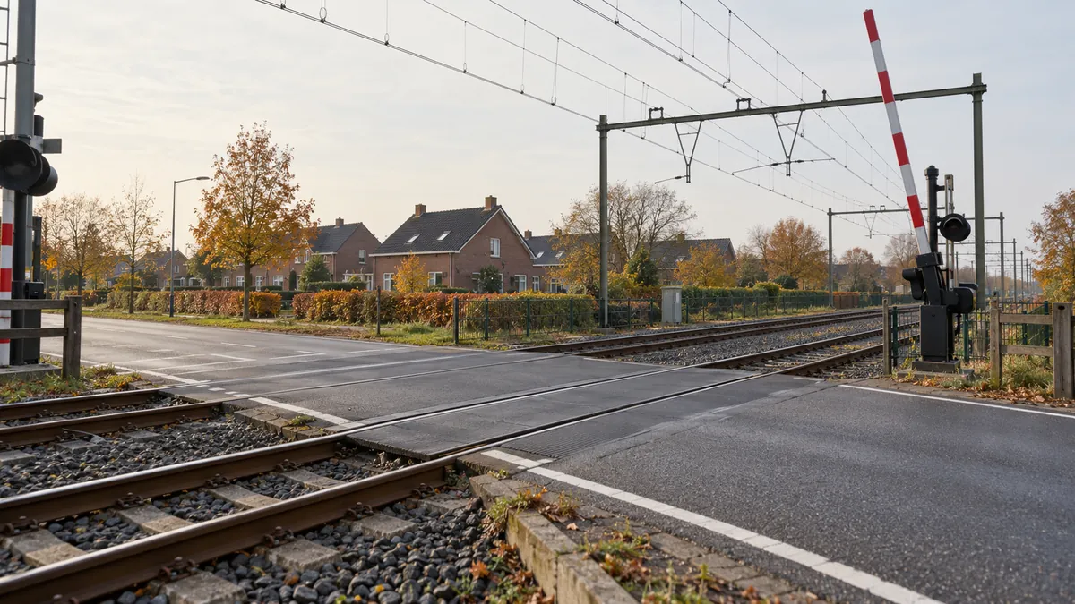 Spoorwegovergang met open slagboom en woningen aan de overkant.