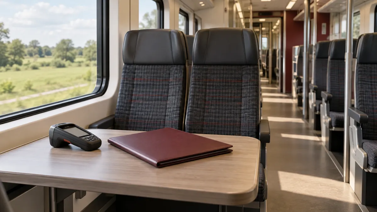 Een leeg algemeen treininterieur met een handscanner en een gesloten map op een tafeltje.