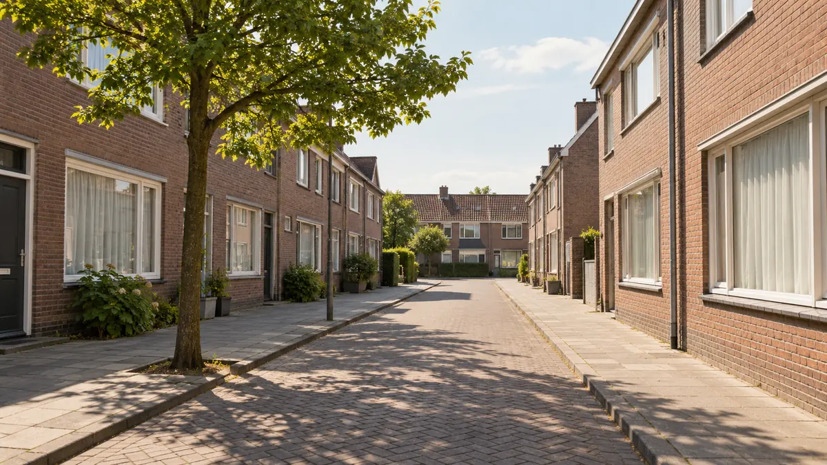 Een zonnige woonstraat met veel bestrating en een boom.