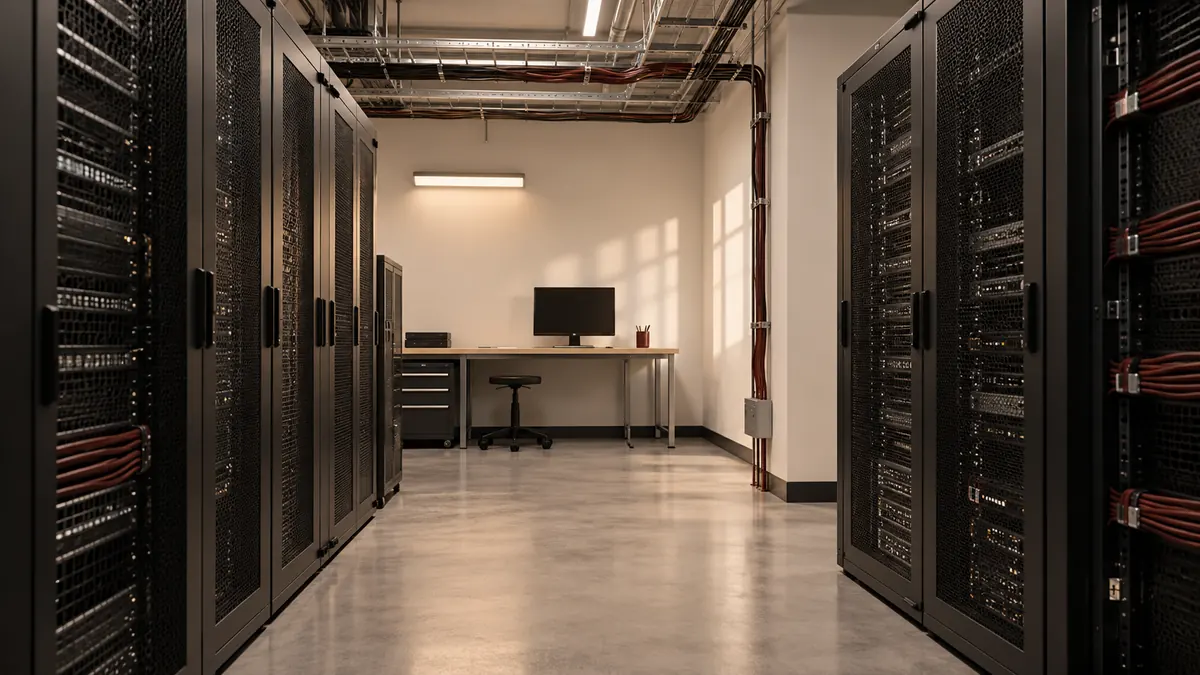 Een algemene serverruimte met serverkasten en een lege werkplek.