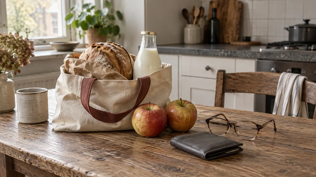 Boodschappen, een leesbril en een gesloten portemonnee op een keukentafel.