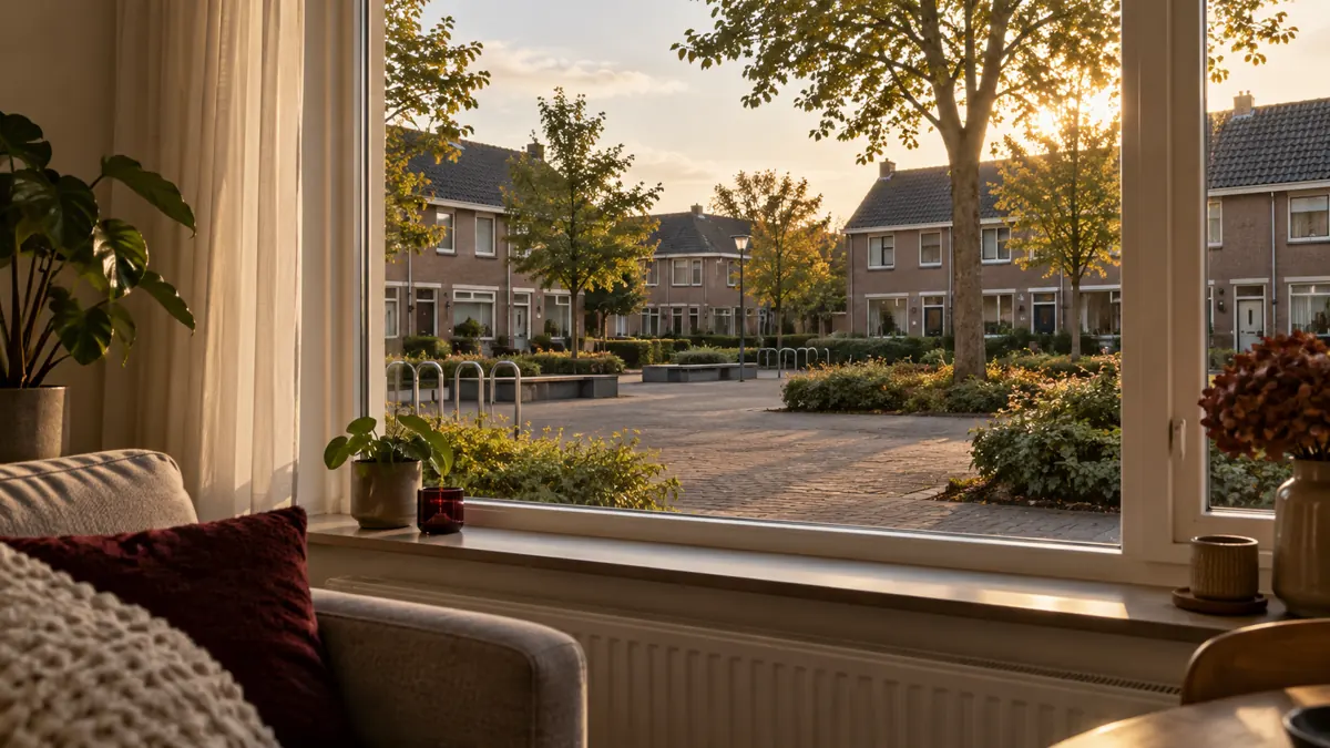 Uitzicht vanuit een woonkamer op een leeg plein tussen gewone woonhuizen.