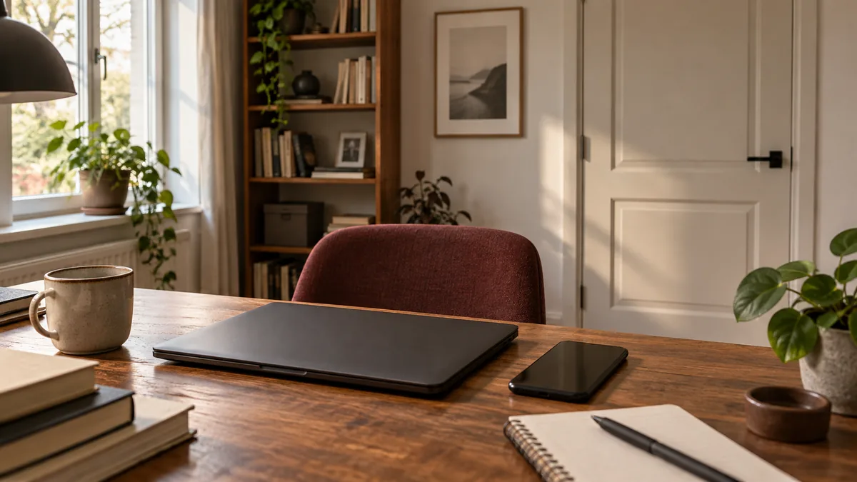 Een gesloten laptop en telefoon op een houten bureau in een algemene werkkamer.