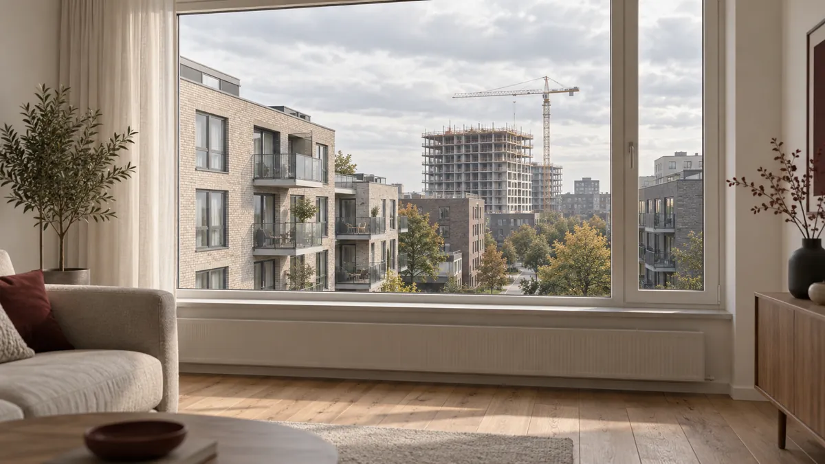 Een woonkamer met zicht op andere woningen en een gebouw in aanbouw.