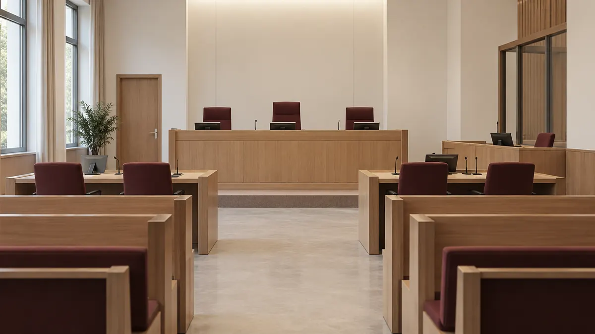 Een lege algemene zittingszaal met een houten rechterstafel en stoelen.