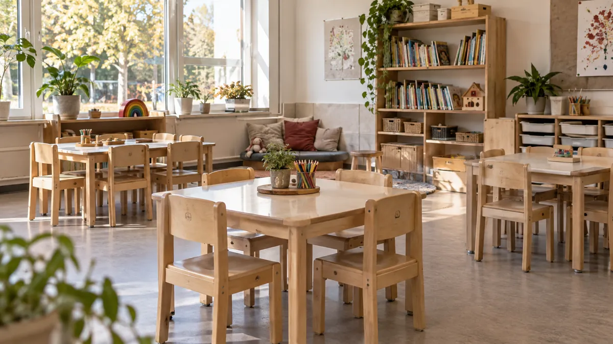 Houten tafels en kleine stoelen in een algemene basisschoolklas.
