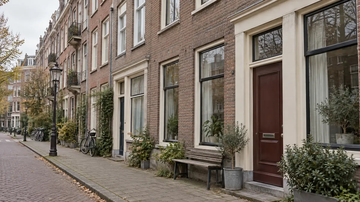 Een straat met bescheiden bakstenen woongebouwen.