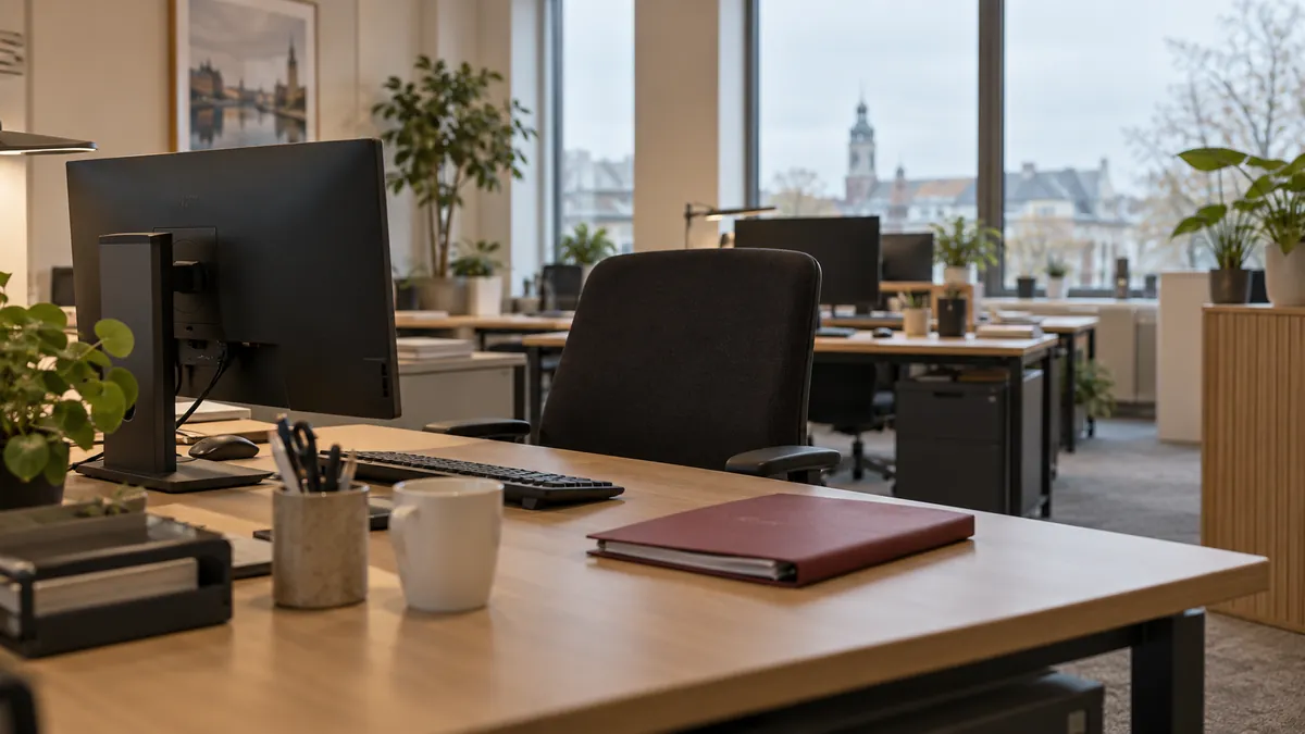 Een bureau met computer, bureaustoel en gesloten bordeauxrode map in een algemene kantooromgeving.
