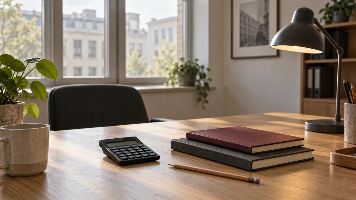 Een eenvoudige rekenmachine en gesloten notitieboeken op een houten bureau.