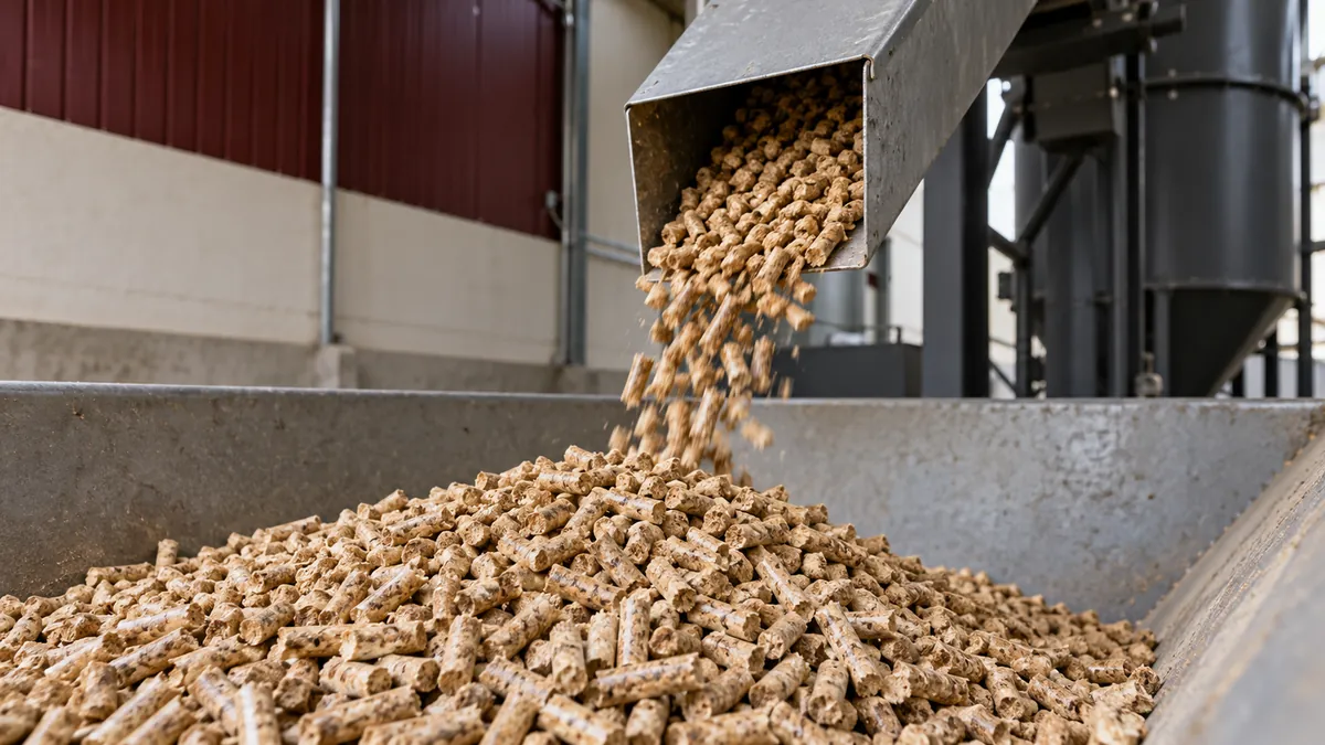 Lichtbruine houtpellets vallen uit een metalen stortgoot in een opslagbak.